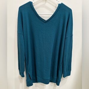Teal V-Neck Waffle Knit Sweater